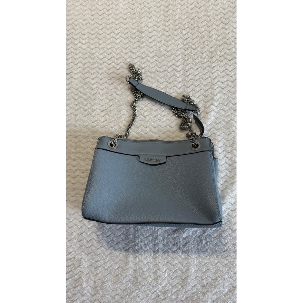 Nine West Dusty Blue Pebbled Faux Leather Chain Shoulder Bag Multi Compartment